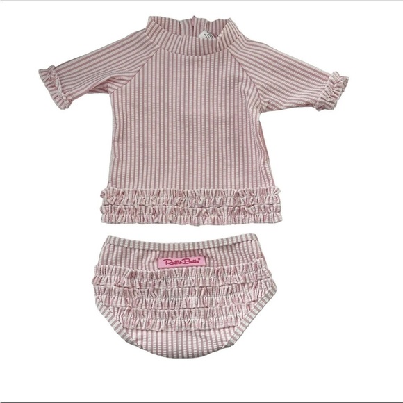 RuffleButts seersucker One Piece Rash guard Swimsuit 6/9m - Picture 5 of 5